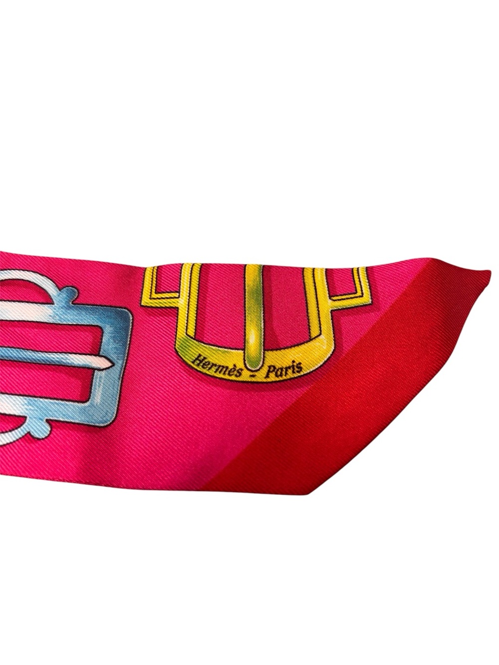 HERMES Twille scarf Attelage buckle 100% silk Pink Orange Red Multicolor - Picture 2 of 3